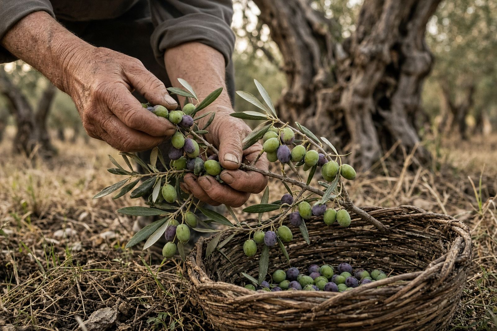 Hands picking olives into a woven basket