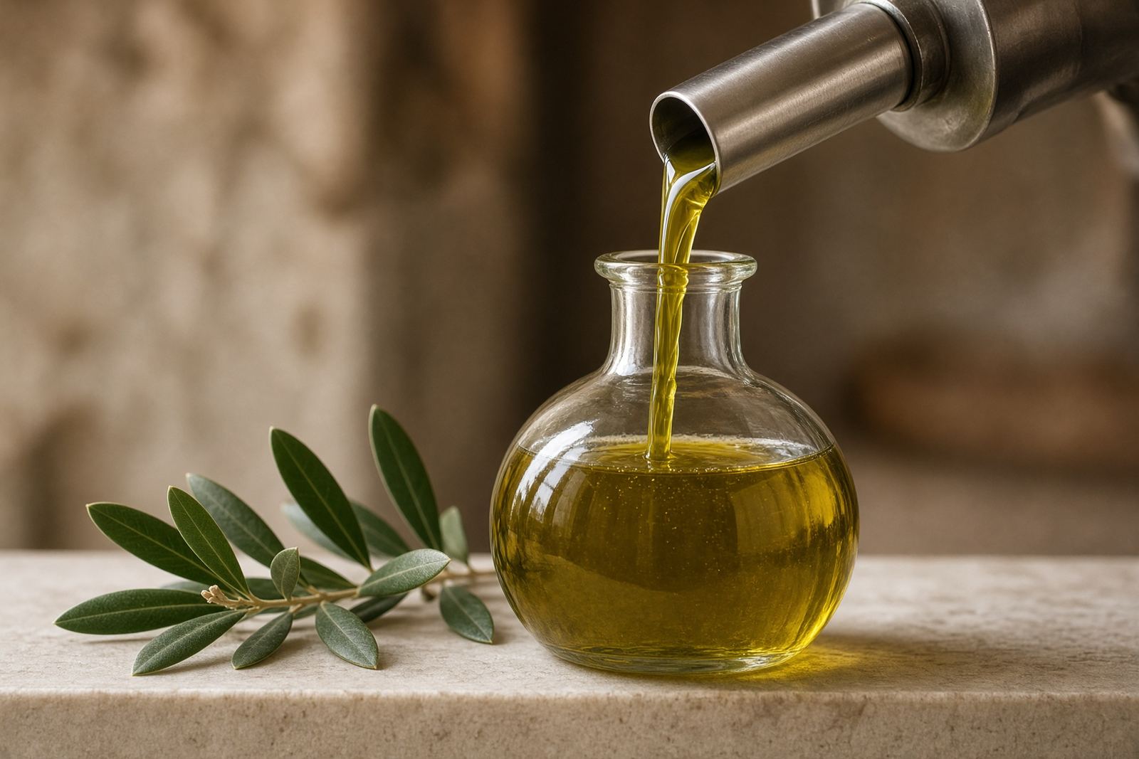 Green-gold olive oil pouring from a cold press into glass