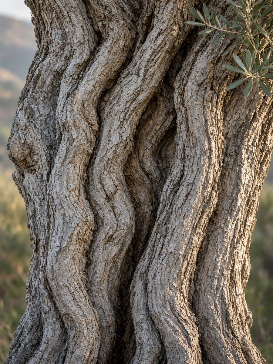 Deeply furrowed bark of a centuries-old olive tree